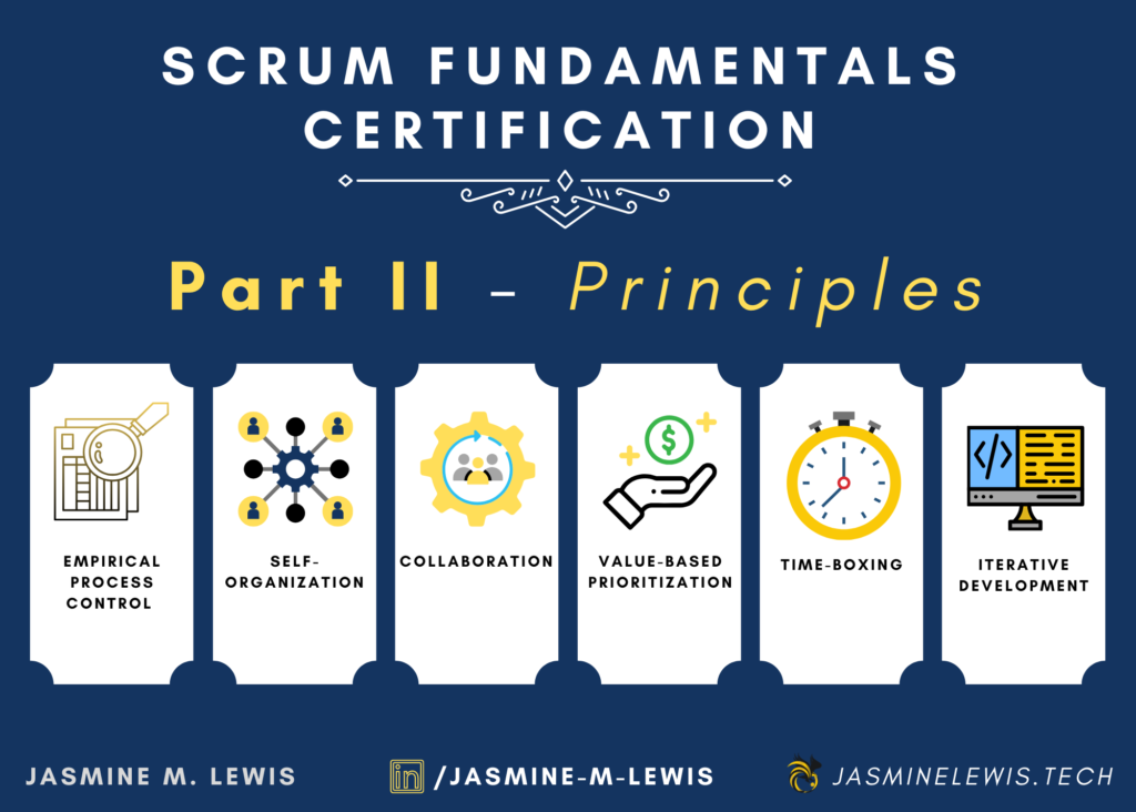 Scrum Principles: Empirical Process Control, Self-Organization, Collaboration, Value Based Prioritization, Time-boxing, and Iterative Development